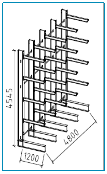 Aanbieding enkelzijdige draagarmstelling met 5 staanders en 20 armen.
Belasting 685 kg per arm. Afmeting H=4.500 x D=1.200 x L=4.800mm.